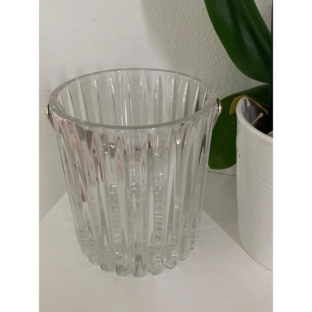 Vintage‎ Ribbed Crystal Glass Ice Bucket with Silver Swing Handle Clear Fluted